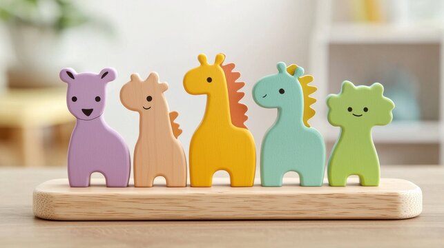 A beautifully crafted wooden puzzle featuring vibrant animal shapes, perfectly designed for kids' hands-on learning, with colorful inserts and smooth textures, set against a playful classroom backdrop