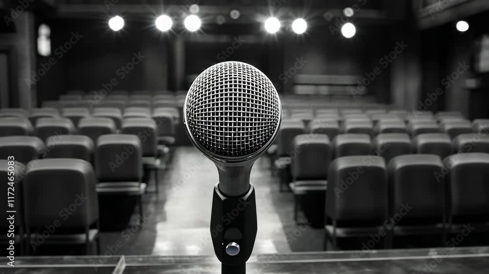 Poster microphone is on a stand in front of a stage with empty seats. the microphone is the only object in 