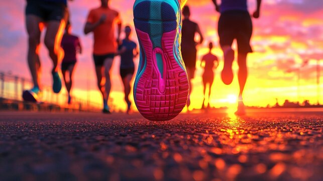 Running event at sunset outdoor track action photography vibrant atmosphere close-up view fitness inspiration