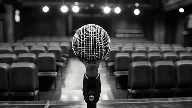 Microphone is on a stand in front of a stage with empty seats. The microphone is the only object in the scene