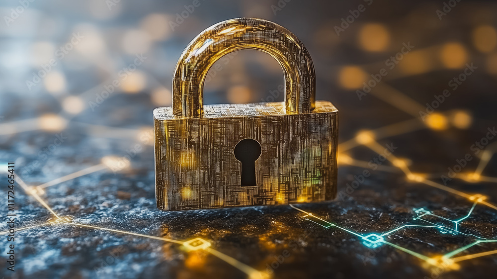 Poster golden padlock on digital network: a gleaming padlock stands as a symbol of digital security, its ke