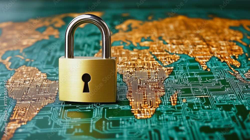 Poster global cyber security: a padlock rests on a circuit board world map, symbolizing the importance of g