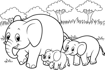 Fototapeta premium African Elephant Family Coloring Page Mother, Baby, and Calf