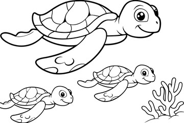 Adorable Sea Turtles Coloring Page Ocean Wildlife Illustration