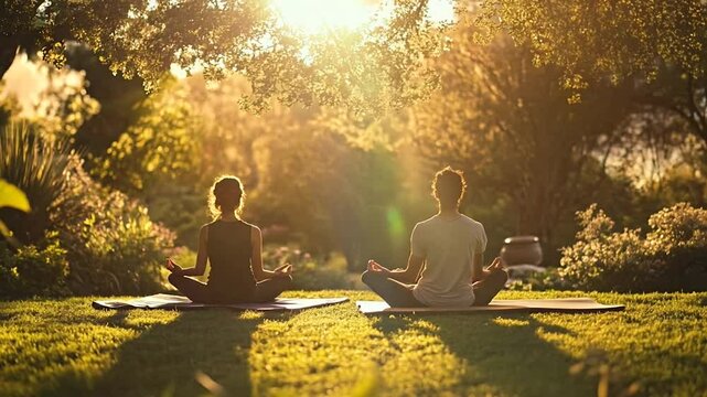 Two individuals practicing mindfulness meditation on yoga mats in a tranquil garden setting. Warm sunlight filters through the trees, creating a serene atmosphere perfect for relaxation and connection