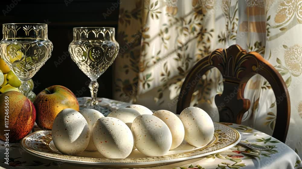 Poster plate of eggs is on a table with a fruit platter and wine glasses. the eggs are arranged in a neat r