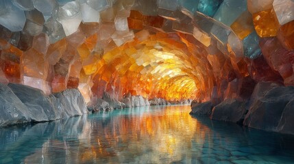 Giant kaleidoscope tunnel leading to a crystal cave filled with light