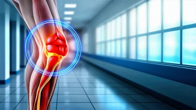 Digital knee pain illustration with joint muscles highlighted over a simple background, injury and accident treatment, emphasis on mcl and joint health