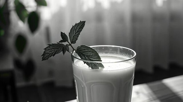Glass of milk with a sprig of mint on top. The glass is half full and the mint is green
