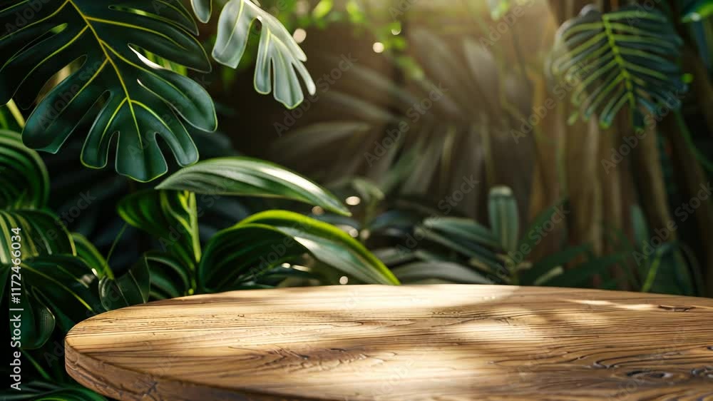 Poster wooden table with a round top and a lush green background. the table is empty and the background is 