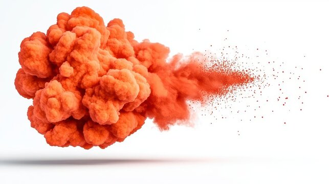 A photostock of an abstract fiery red and orange mist cloud with glowing particles, radiating warmth and energy on a clean white background. High Quality