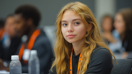 Attentive Young Woman at Conference 