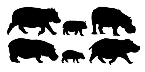 The set silhouette of large hippos.
