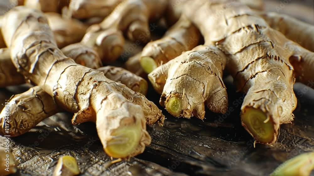 Poster close up of ginger root with the stem still attached. the ginger root is sliced and has a yellowish 