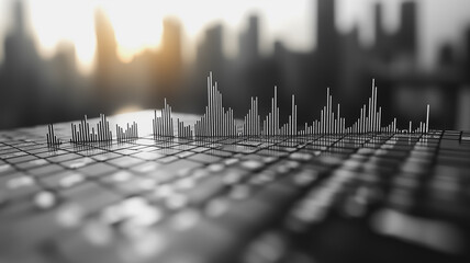 Cityscape of Growth: A line graph depicting a rise in progress, set against the backdrop of a bustling city skyline, symbolizing the upward trajectory of business and success.  