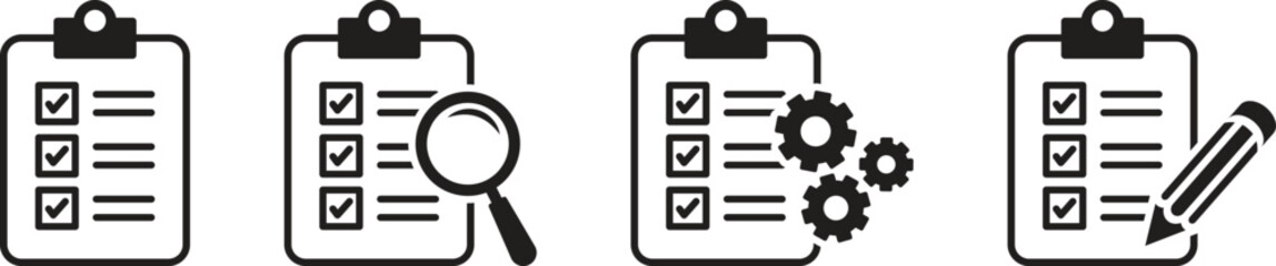 Clipboard checklist icon set, magnifying glass clipboard or data search, analysis, clipboard with processing gear, clipboard with pen or note taking. Vector illustration
