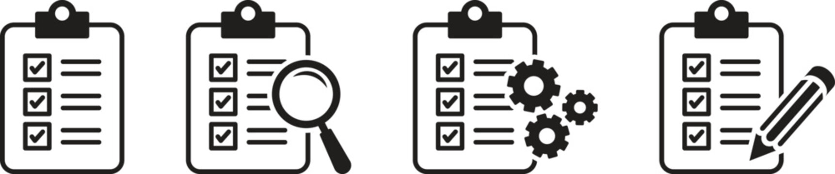 Clipboard checklist icon set, magnifying glass clipboard or data search, analysis, clipboard with processing gear, clipboard with pen or note taking. Vector illustration