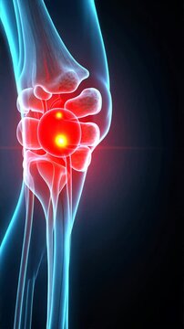 Digital art of knee pain glowing red on one leg in top down view over simple background, injury and accident treatment with focus on mcl injuries