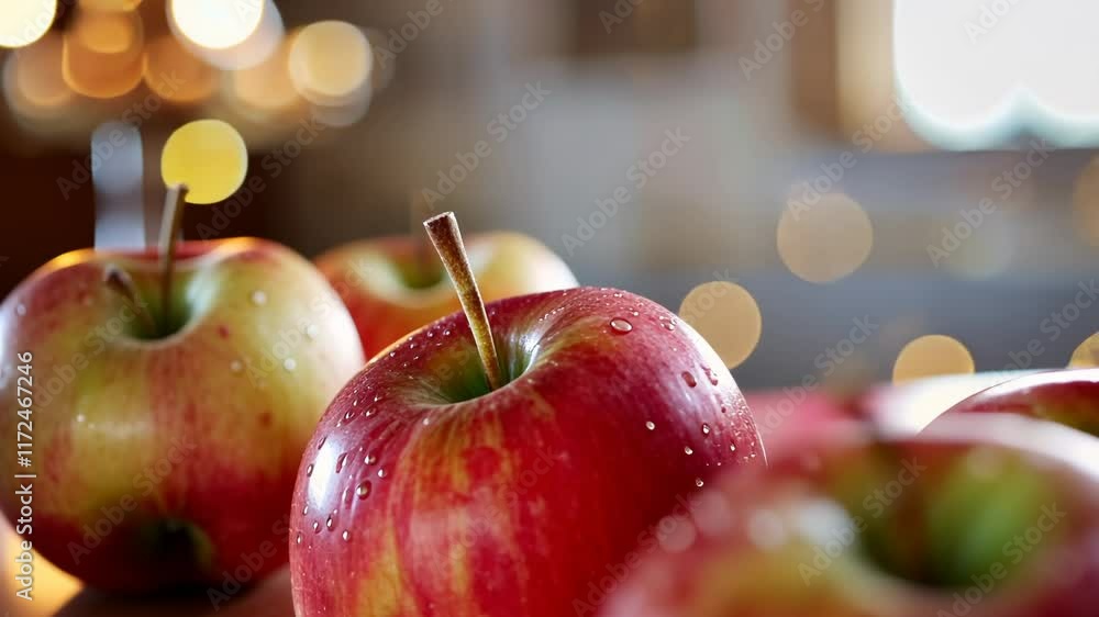 Poster close up of four apples with a shiny, wet surface. the apples are arranged in a row on a table