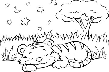 Sleeping Tiger Cub Nighttime Coloring Page Nature Scene Stars Moon