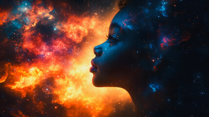 Cosmic Child: A surreal portrait of a young girl, her profile silhouetted against a vibrant nebula, evokes wonder and the boundless possibilities of the universe.