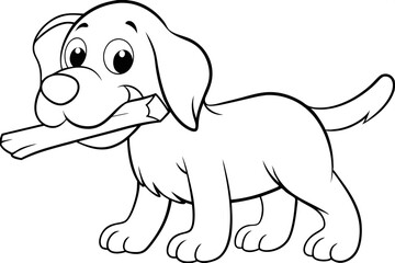 Fototapeta premium Adorable Golden Retriever Puppy Cartoon, Stick in Mouth, Black and White
