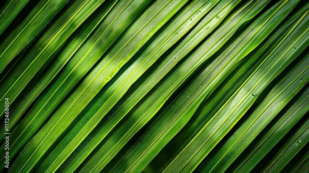 Poster green leaf with a pattern of lines. the leaf is very long and thin. the pattern of lines is very int