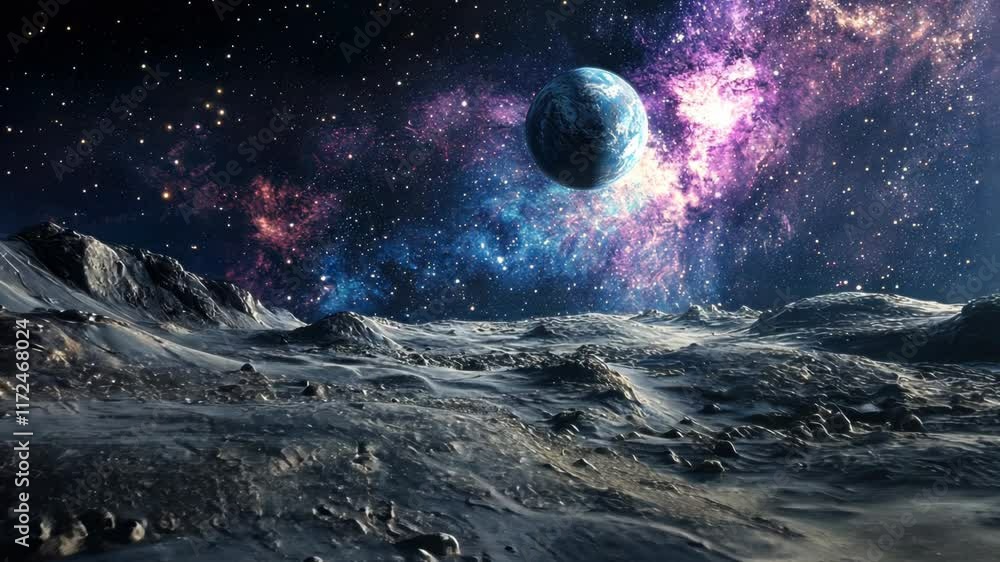 Poster planet is floating in space with a bright blue sky. the planet is surrounded by a lot of rocks and t