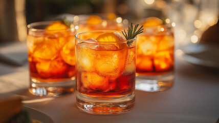 Sparkling Aperitifs: A close-up view of four glasses of refreshing, amber-hued cocktails, each adorned with a sprig of rosemary and an orange slice, bathed in warm, golden light.