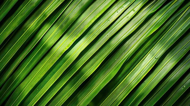 Green leaf with a pattern of lines. The leaf is very long and thin. The pattern of lines is very intricate and detailed