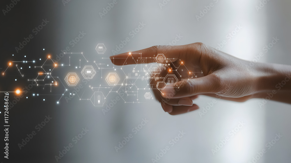 Poster digital innovation: hand reaching out to interact with a futuristic, glowing network of interconnect