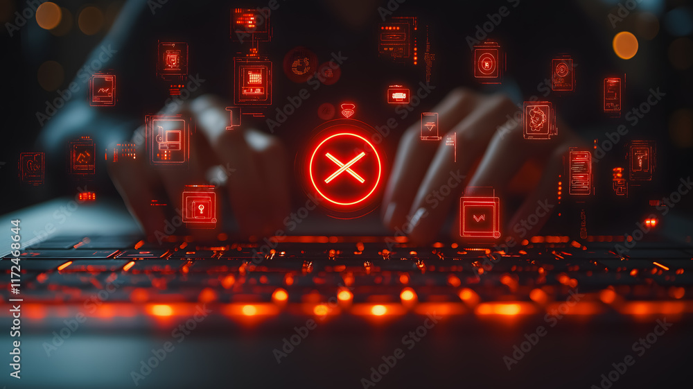 Poster cybersecurity threat: a hacker's hands swiftly type on a glowing keyboard, with digital error symbol