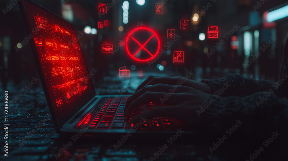 Poster cybersecurity threat: an ominous red glow emanates from a hacker's laptop screen, illuminating the k
