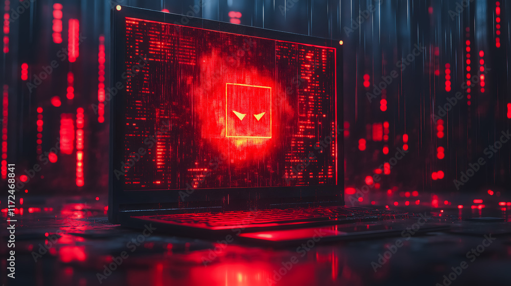 Poster cybersecurity threat: a chilling image of a laptop screen displaying a menacing red square symbol, s