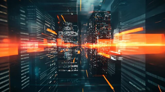 Cityscape with orange lights and a sense of motion. Feeling of energy and excitement, as if the viewer is looking through a window into a bustling city