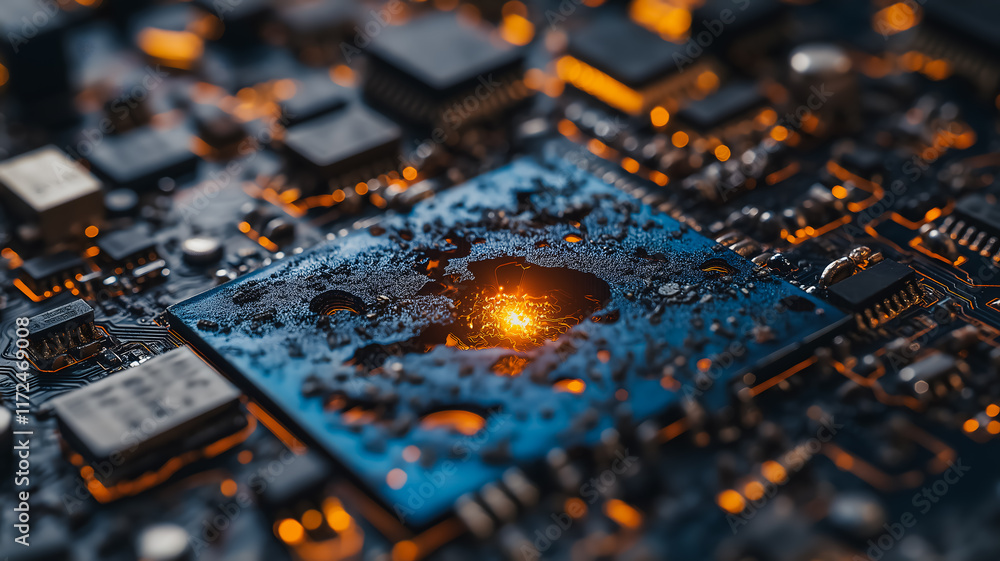 Poster the spark of innovation: a close-up shot of a circuit board with a glowing, bright orange spark eman