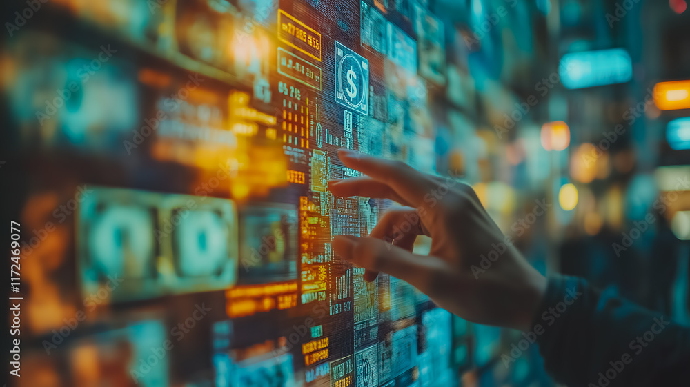 Poster navigating the digital landscape: a hand interacts with a futuristic, interactive digital display ov