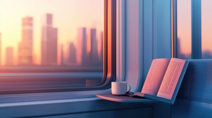 commuter reading a novel on a train, coffee cup on the side table, early morning lighting, soft shadows on the book, blurred urban skyline outside, cool color tones, modern and minimalistic train