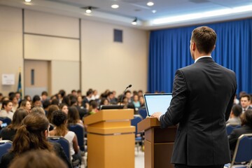 Business professional presenting to a seated audience in a conference room, wearing formal attire. Bright indoor setting. Concept of public speaking, business communication. Ai generative