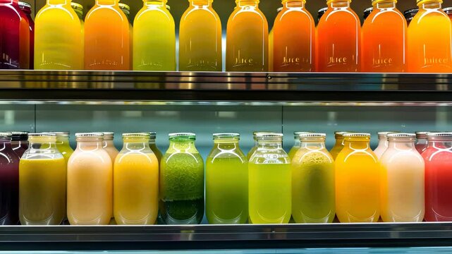 Row of glass jars filled with different colored juices. The jars are lined up on a shelf, with some being closer to the front and others further back. The variety of colors