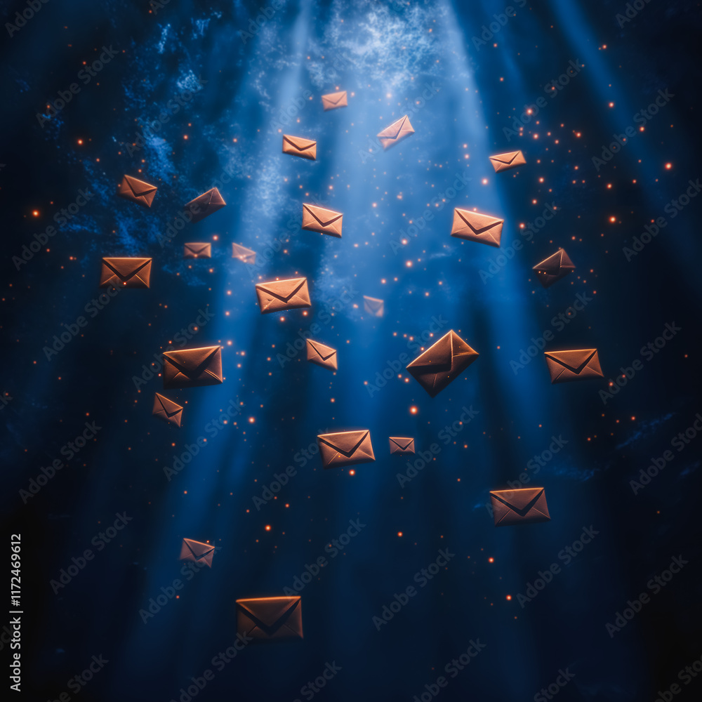 Poster mystical message shower: envelopes descend from a celestial light, creating a surreal and captivatin
