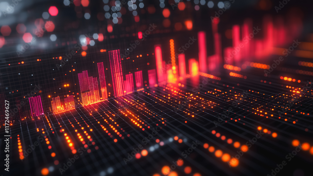 Poster data stream: abstract visualization of vibrant, glowing data bars and points forming a dynamic, futu
