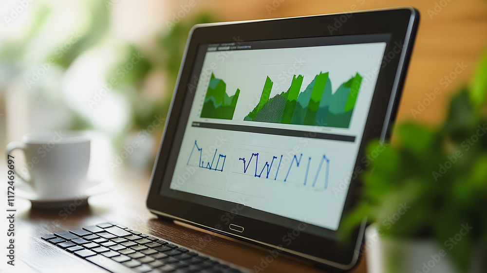 Poster data-driven decisions: a laptop displaying a green line graph on the screen, suggesting progress and