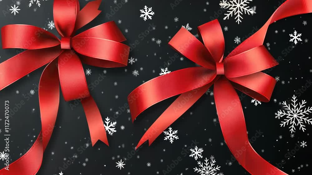 Poster two red bows are on a black background with snowflakes. the bows are tied in a bow shape and are pla