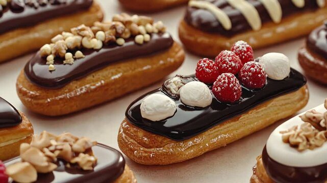 Row of pastries with nuts and raspberries on top. The pastries are all different colors and sizes