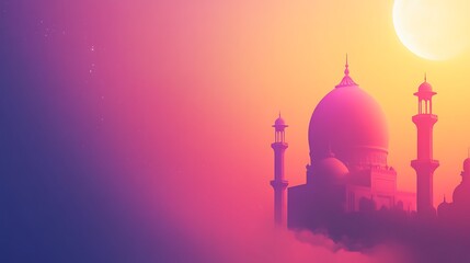 Majestic Mosque Silhouette at Sunset with a Bright Moon