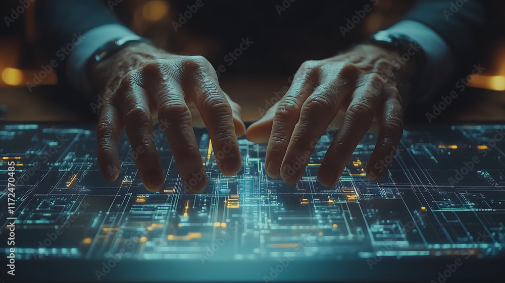 Poster mastering the digital frontier: a close-up shot of hands expertly navigating a futuristic holographi