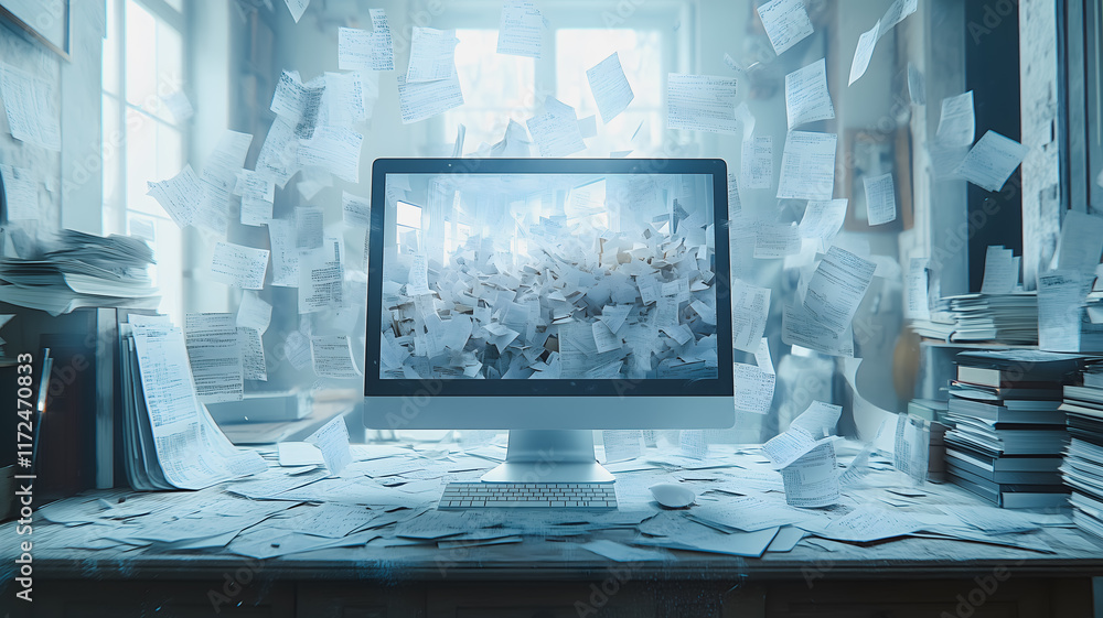 Poster digital overload: papers swirl around a computer screen, representing the overwhelming amount of inf