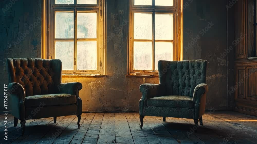 Aufkleber two chairs are sitting in front of two windows. the room is empty and the chairs are facing the wind