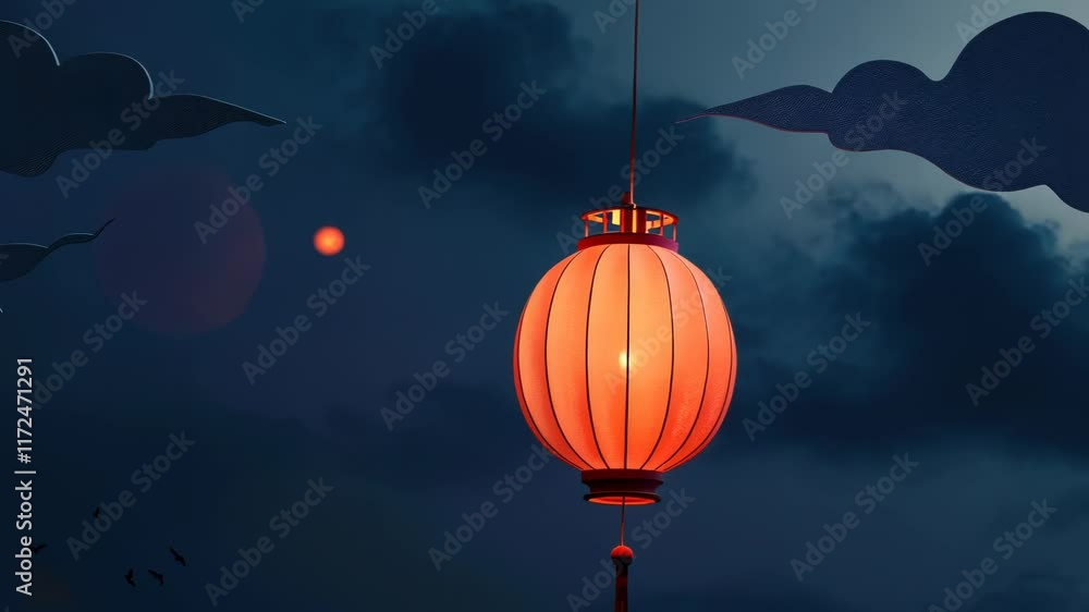 Poster red lantern is hanging from a string in the sky. the lantern is lit up and is the only light source 